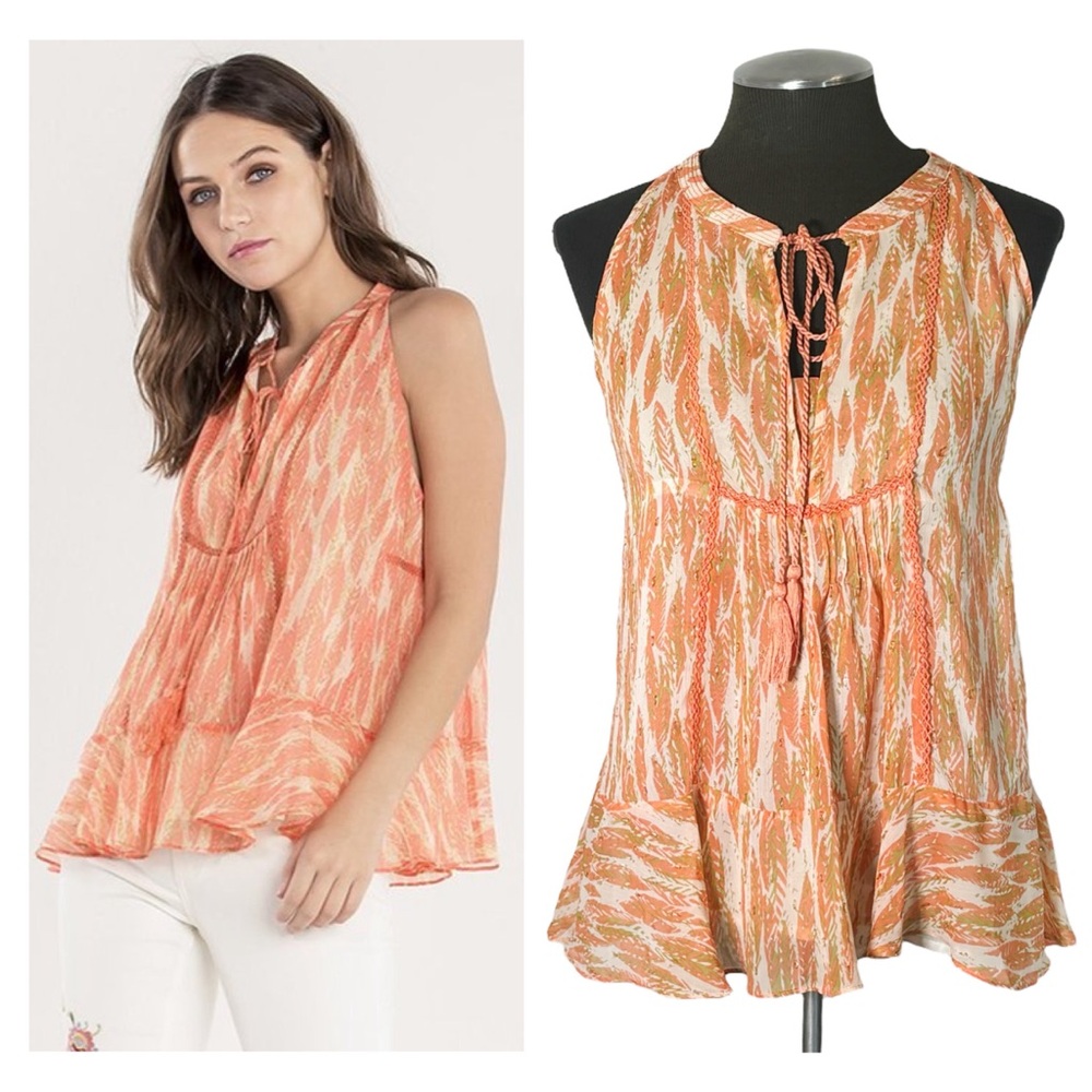 Miss Me – Sizzle and Shine Sheer Feather Sleeveless Tie Front Top – Medium